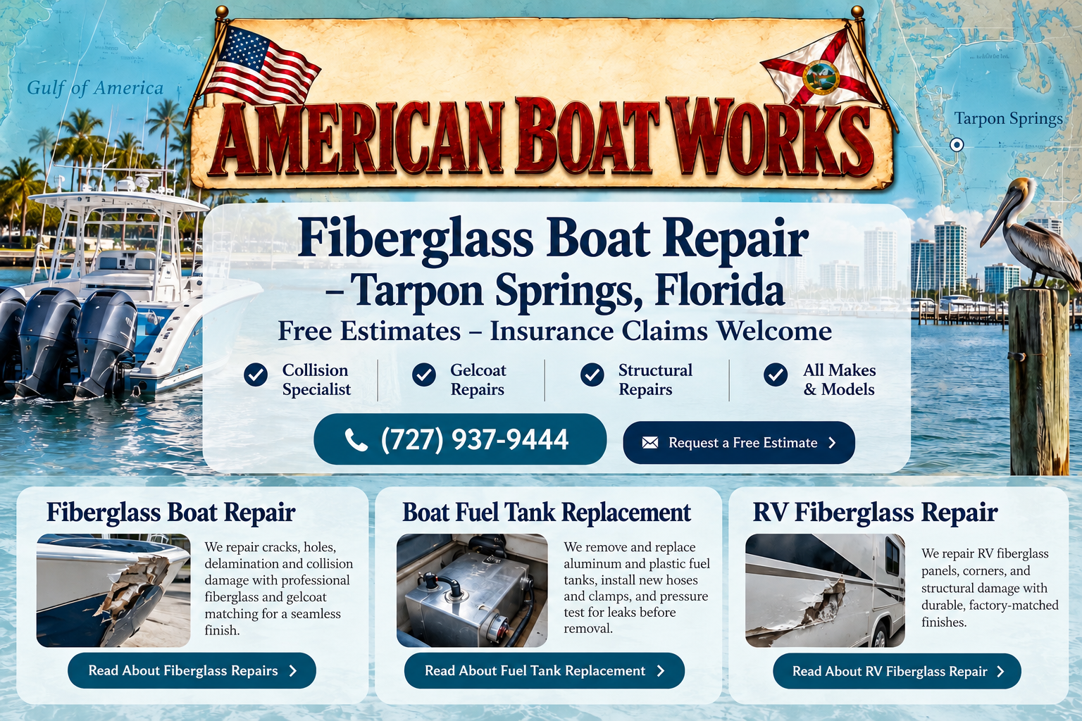 American Boat Works fiberglass boat repair, boat fuel tank replacement and RV fiberglass repair